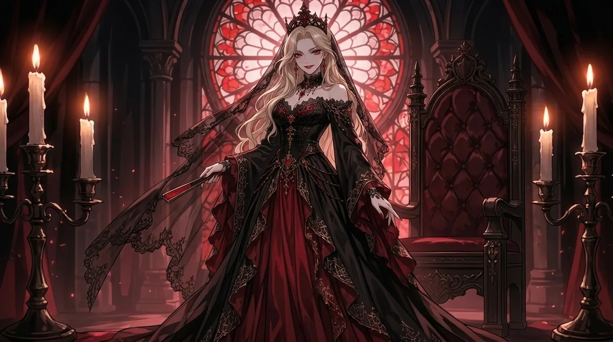 紅の薔薇窓の下に立つ女王