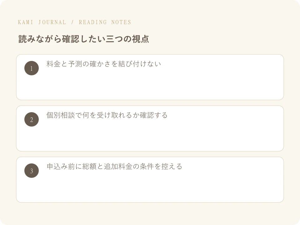 無料の読み物と有料の相談で、比べる項目を変える:三つの要点を整理した図