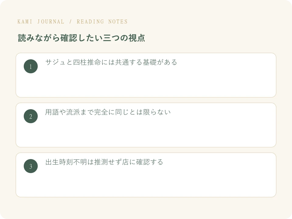 韓国のサジュと日本の四柱推命は同じ?共通点と用語の違いを整理:要点を整理したオリジナル図